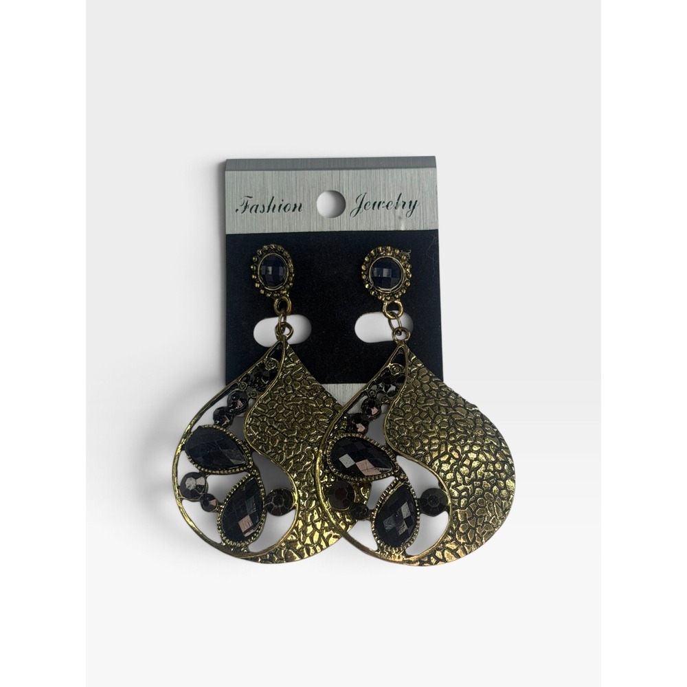 Fashion Jewelry Gold Tone Teardrop Dangle Earrings Navy Stone Boho Statement Y2K